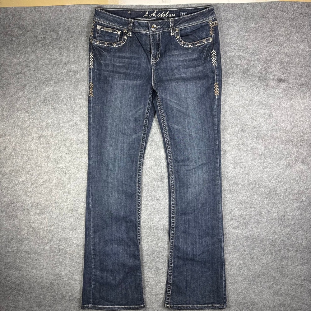 Y2K LA Idol USA Embellished Bootcut‎ Jeans Dark Wash Rhinestone Size 13 W35 L34